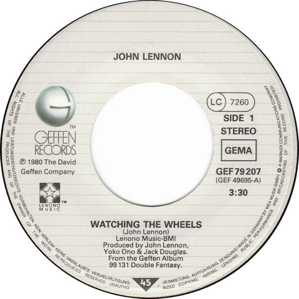 John Lennon : Watching The Wheels (7", Single)