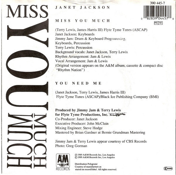Janet Jackson : Miss You Much (7", Single)