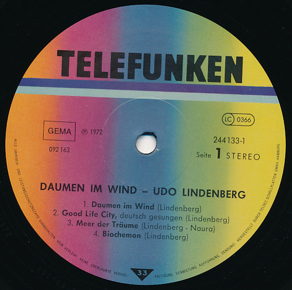Udo Lindenberg : Daumen Im Wind (LP, Album, RE)