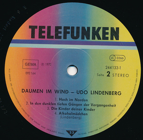 Udo Lindenberg : Daumen Im Wind (LP, Album, RE)
