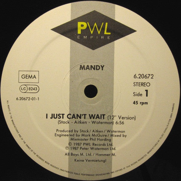 Mandy* : I Just Can't Wait (12", Maxi)