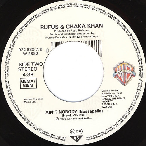 Rufus & Chaka Khan : Ain't Nobody (Remix) (7", Single, Lar)