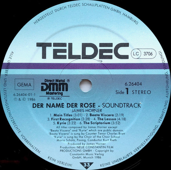 James Horner : Der Name Der Rose (Soundtrack) (LP, Album, Gat)