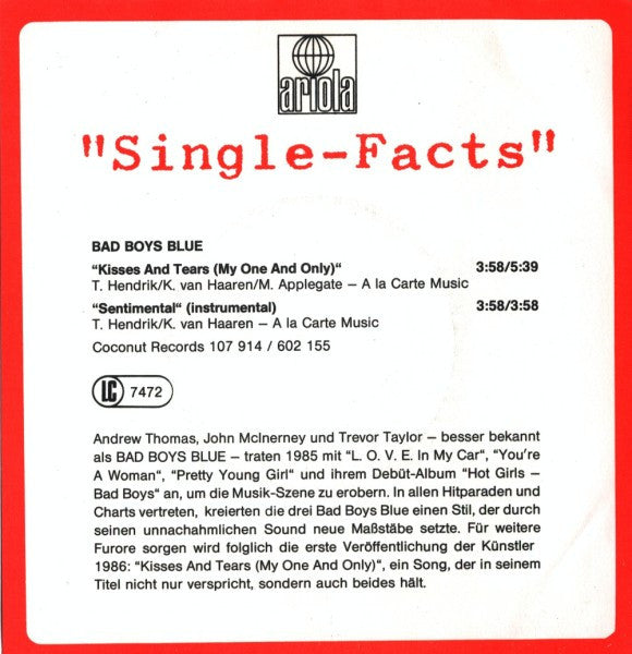 Bad Boys Blue : Kisses And Tears (My One And Only) (7", Single)