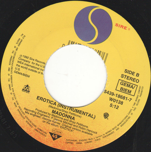 Madonna : Erotica (7", Single, Yel)