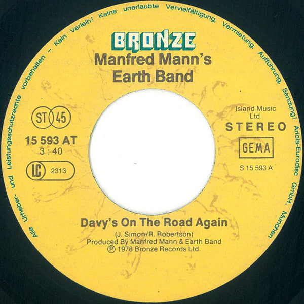 Manfred Mann's Earth Band : Davy's On The Road Again (7", Single)