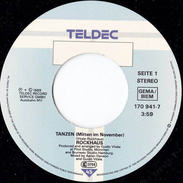 Rockhaus : Tanzen (Mitten Im November) / Mich Zu Lieben (7", Single)