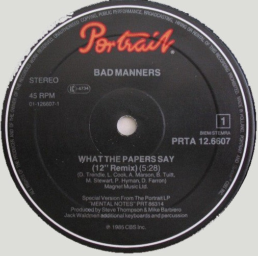 Bad Manners : What The Papers Say (12" Remix) (12", Maxi)
