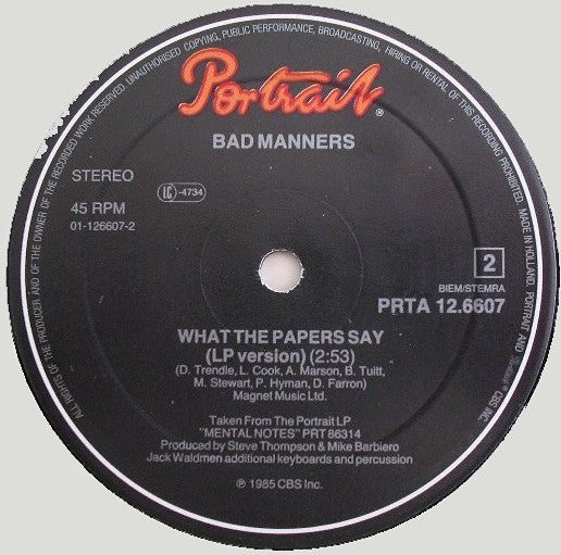 Bad Manners : What The Papers Say (12" Remix) (12", Maxi)
