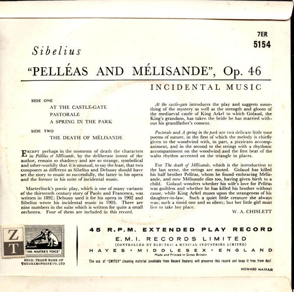 Royal Philharmonic Orchestra, Sir Thomas Beecham : "Pelléas And Mélisande", Op. 46 (7", EP, Mono)