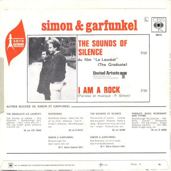 Simon & Garfunkel : The Sounds Of Silence / I Am A Rock (7", Single, RP, Inj)