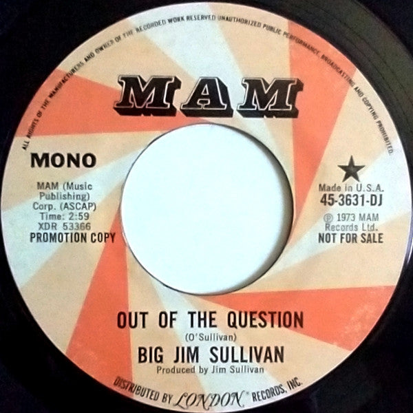 Big Jim Sullivan : Out Of The Question (7", Mono, Promo)