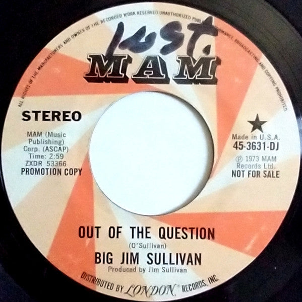 Big Jim Sullivan : Out Of The Question (7", Mono, Promo)