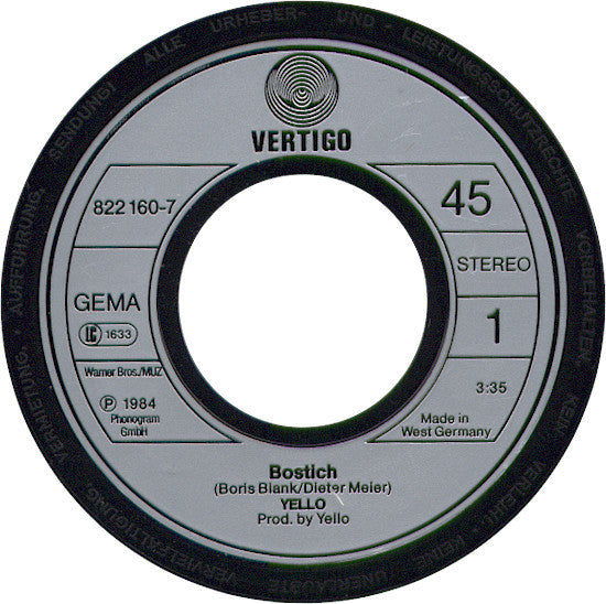 Yello : Bostich / Base For Alec (7", Single)