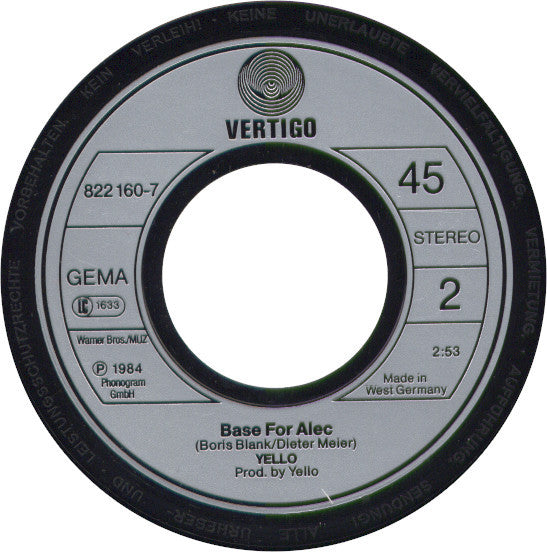 Yello : Bostich / Base For Alec (7", Single)