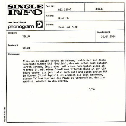 Yello : Bostich / Base For Alec (7", Single)