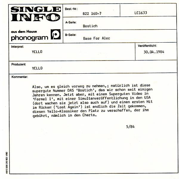Yello : Bostich / Base For Alec (7", Single)