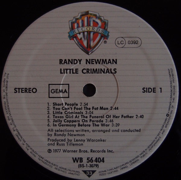 Randy Newman : Little Criminals (LP, Album, RE, Pfa)