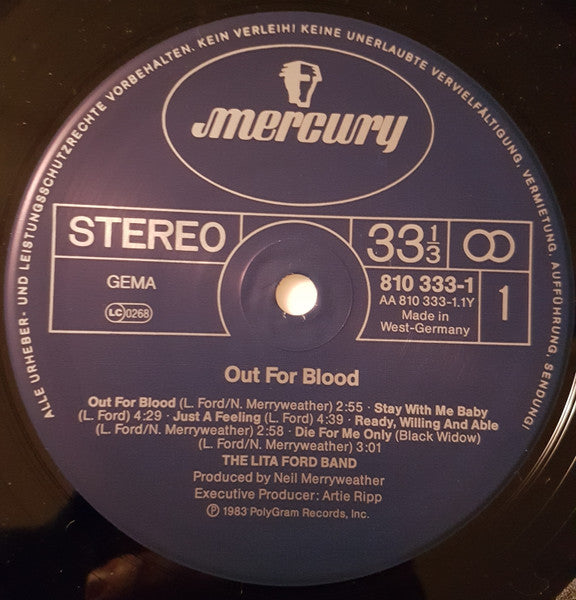 Lita Ford, The Lita Ford Band : Out For Blood (LP, Album, Alt)
