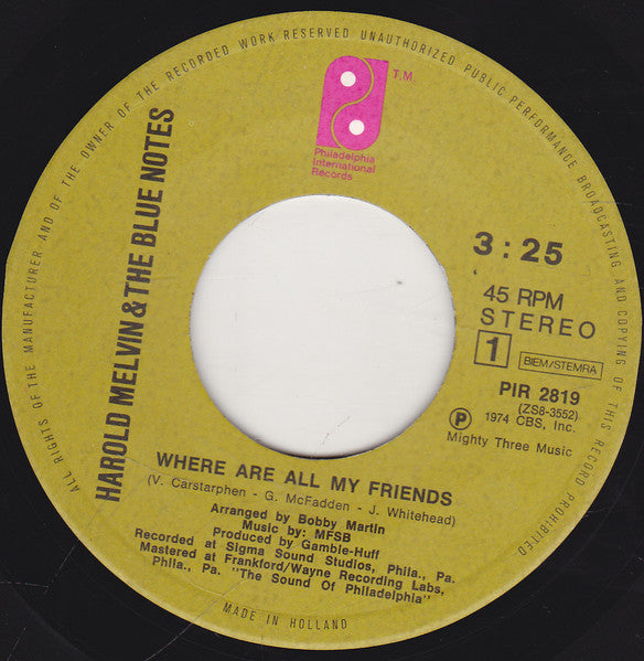 Harold Melvin And The Blue Notes : Where Are All My Friends (7", Single)