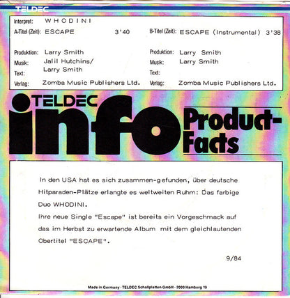 Whodini : Escape  (7", Single, Promo)