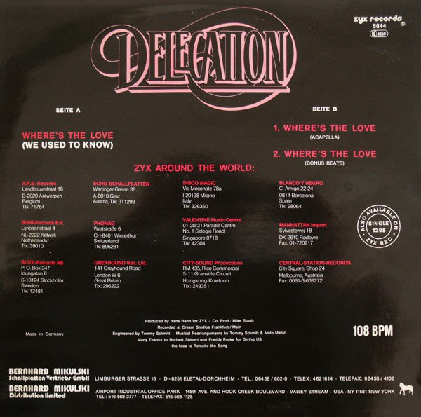 Delegation : Where's The Love (We Used To Know) (12", Maxi)