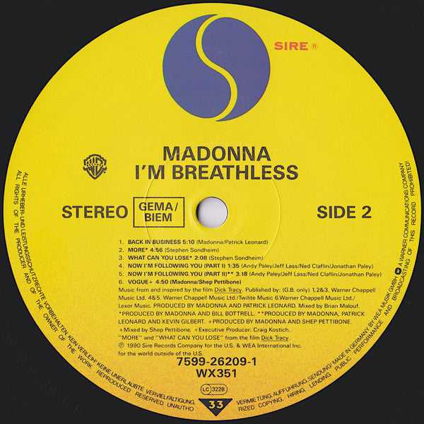 Madonna : I'm Breathless (Music From And Inspired By The Film Dick Tracy) (LP, Album)