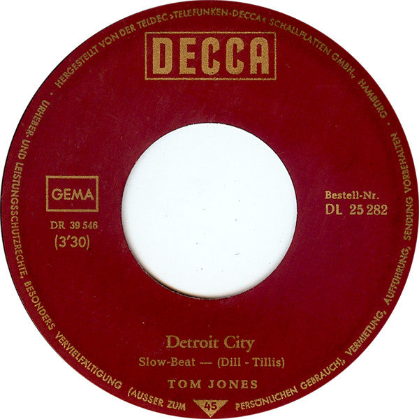 Tom Jones : Detroit City / Ten Guitars (7", Single)
