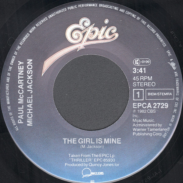 Michael Jackson / Paul McCartney : The Girl Is Mine (7", Single, Lar)