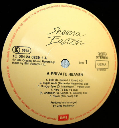 Sheena Easton : A Private Heaven (LP, Album)