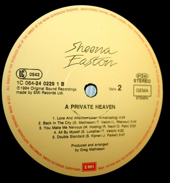 Sheena Easton : A Private Heaven (LP, Album)