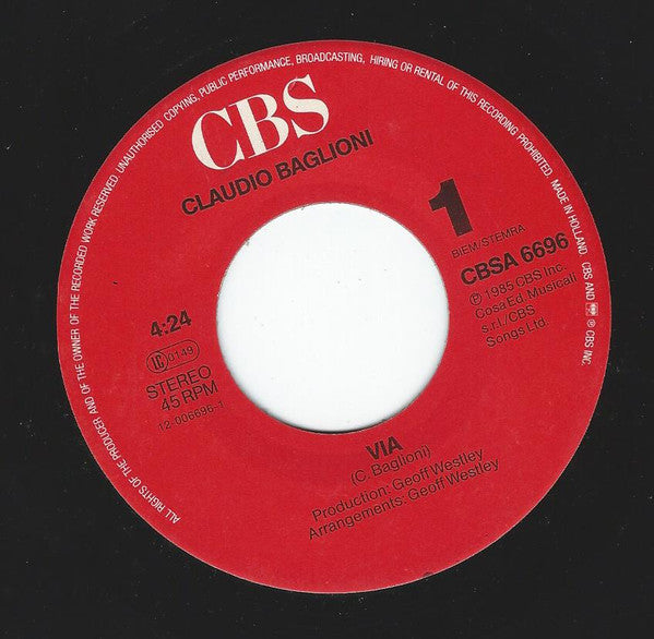 Claudio Baglioni : Via / E Adesso La Pubblicità (7", Single)