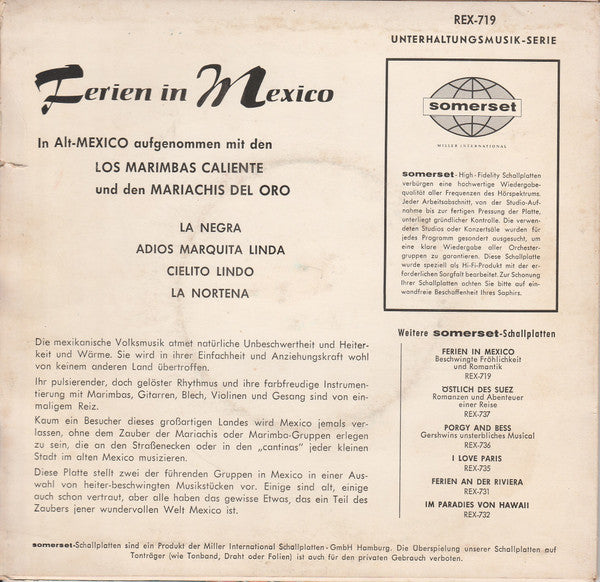 Los Marimbas Caliente . Mariachis Del Oro . Orquestra Symphonetta Del Mexico : The Musical Romance Of A Holiday In Mexico (7", EP)