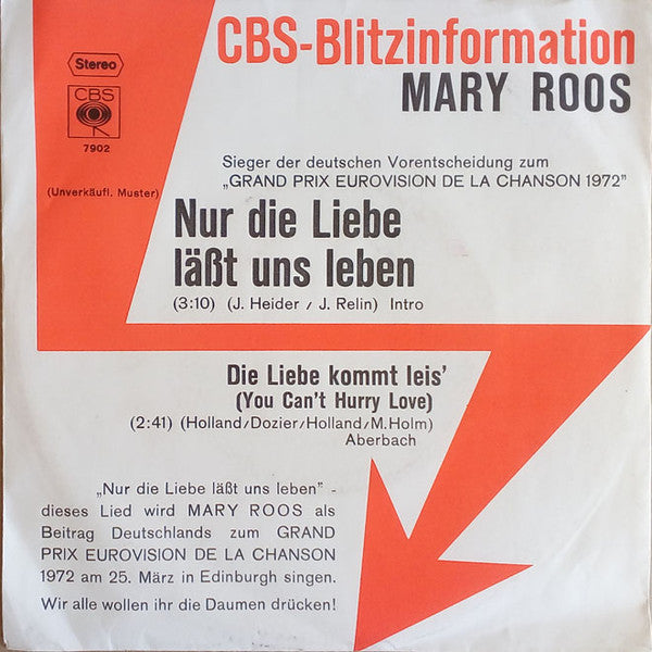 Mary Roos : Nur Die Liebe Läßt Uns Leben (7", Single, Promo)