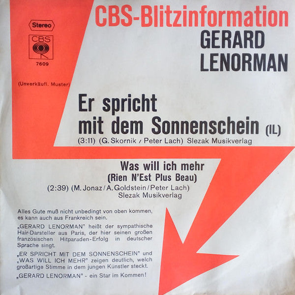 Gérard Lenorman : Er Spricht Mit Dem Sonnenschein (Il) (7", Single, Promo)