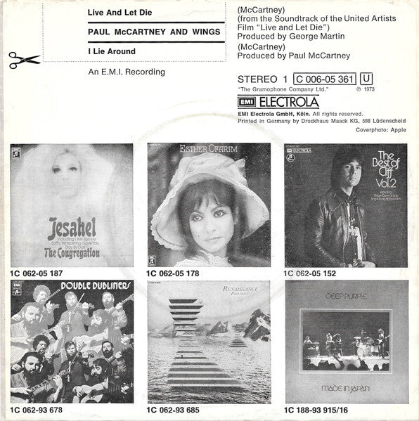 Wings (2) : Live And Let Die / I Lie Around (7", Single)