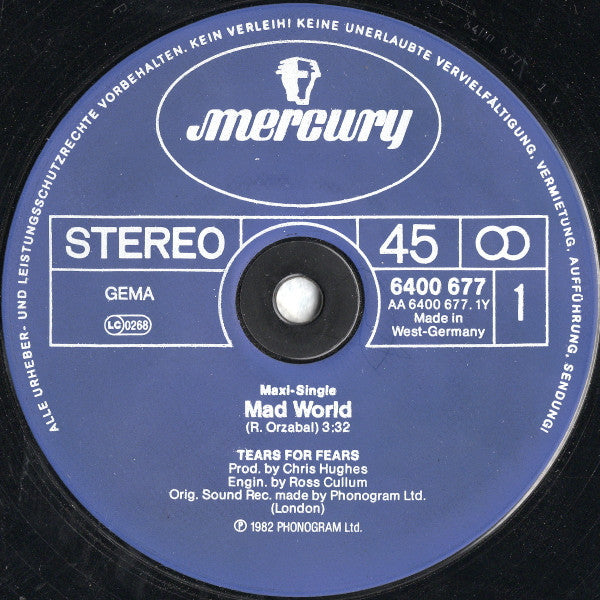Tears For Fears : Mad World (12", Maxi)