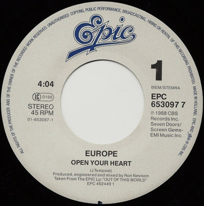 Europe (2) : Open Your Heart (7", Single)