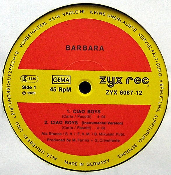 Barbara : Ciao Boys (12", Maxi)