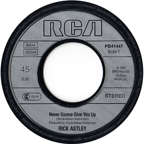 Rick Astley : Never Gonna Give You Up (7", Single)