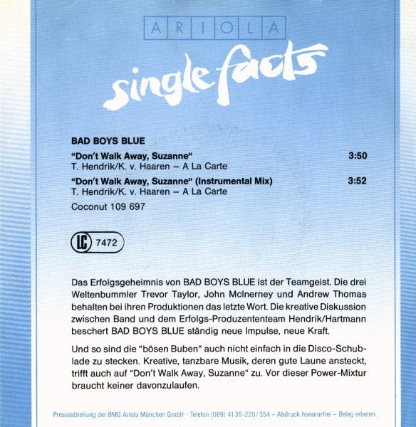 Bad Boys Blue : Don't Walk Away Suzanne (7", Single)