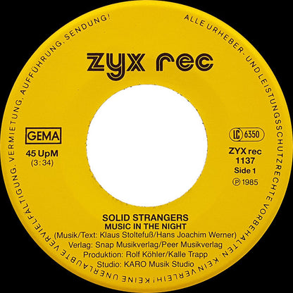 Solid Strangers : Music In The Night (7", Single)