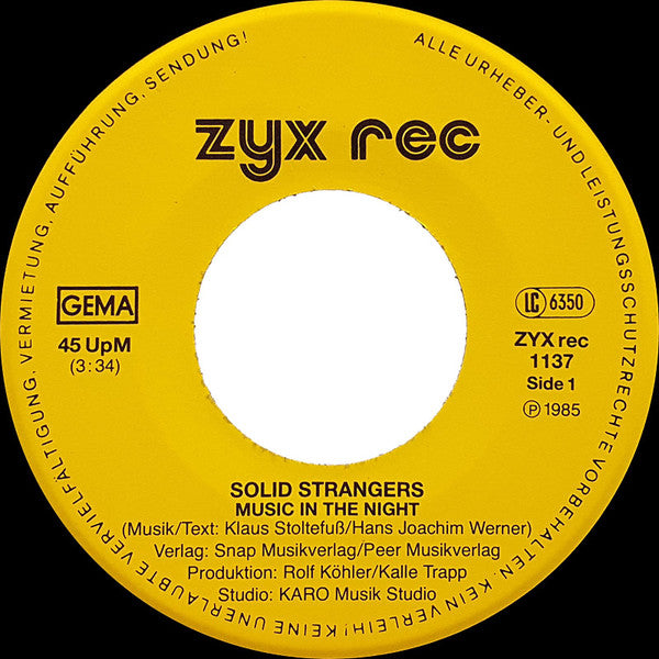 Solid Strangers : Music In The Night (7", Single)