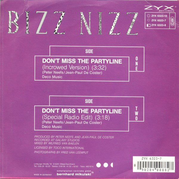 Bizz Nizz : Don't Miss The Partyline (7", Single)