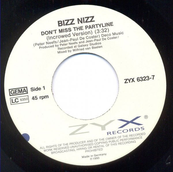 Bizz Nizz : Don't Miss The Partyline (7", Single)