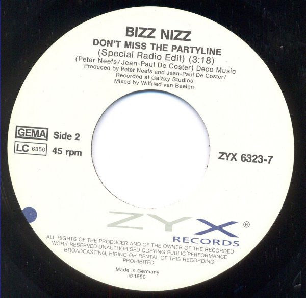 Bizz Nizz : Don't Miss The Partyline (7", Single)