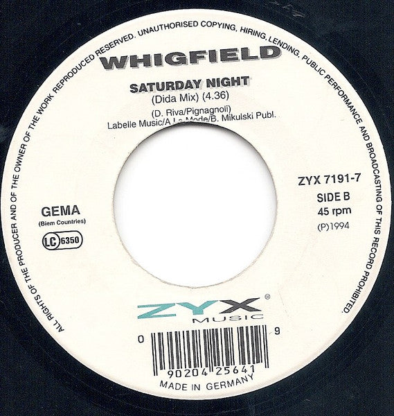 Whigfield : Saturday Night (7")