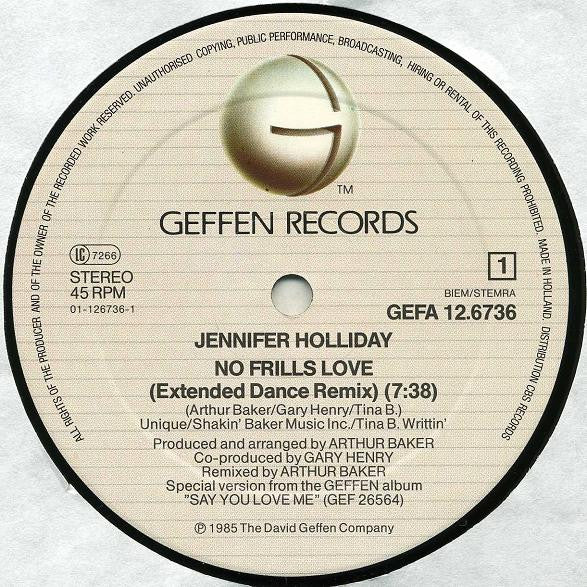 Jennifer Holliday : No Frills Love (Remix And Dub Version) (12", Maxi)