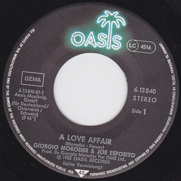 Giorgio Moroder & Joe Esposito : A Love Affair (7", Single)