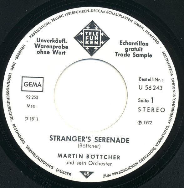 Martin Böttcher Und Sein Orchester* : Stranger's Serenade / Fiesta In Belo Horizonte (7", Single, Promo)